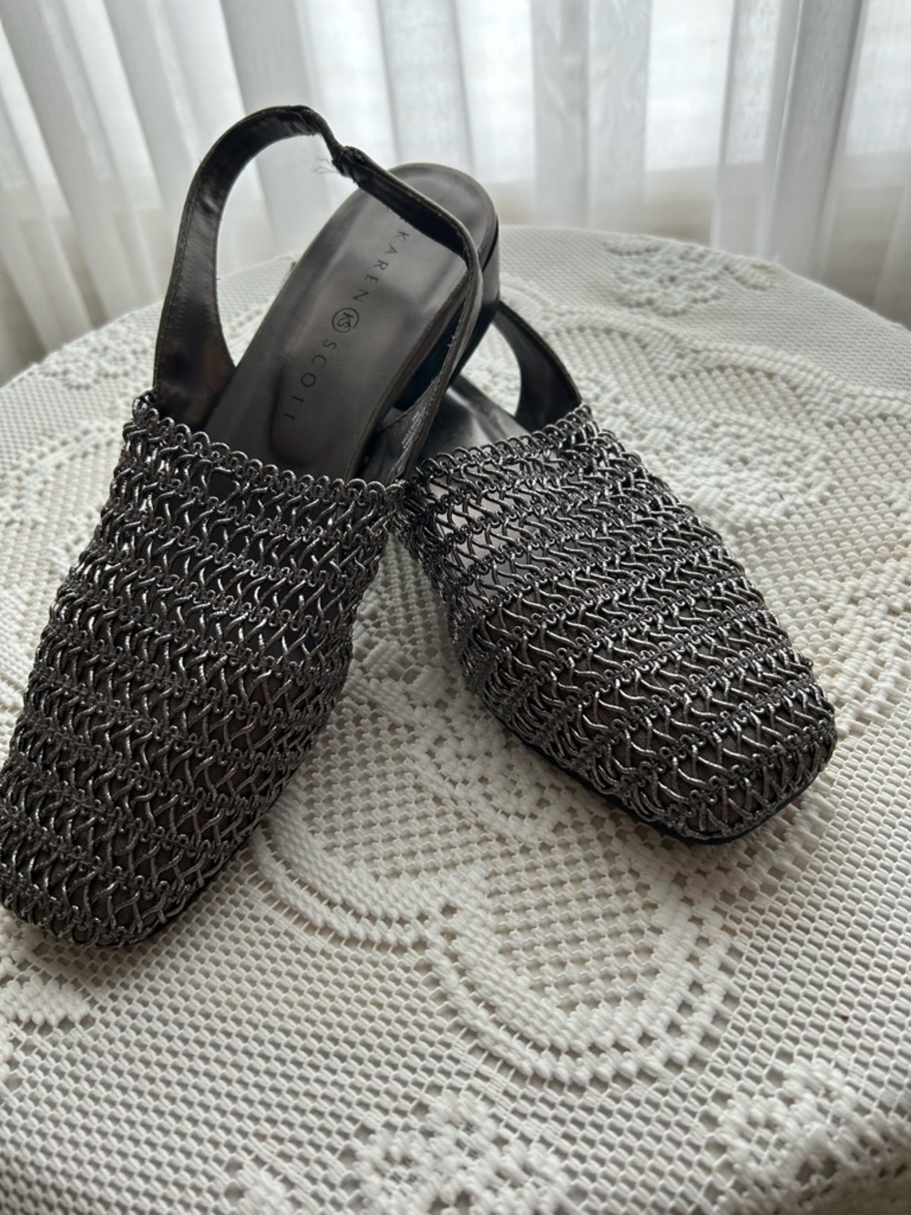 Karen Scott Metallic Pewter Silver Gray Woven Slingback Mules Size 8